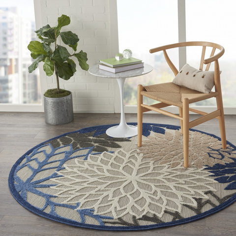 4’ Round Blue Large Floral Indoor Outdoor Area Rug