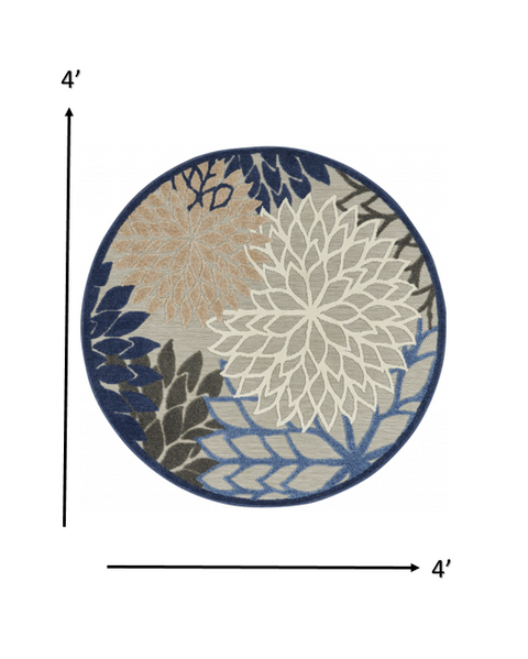 4’ Round Blue Large Floral Indoor Outdoor Area Rug