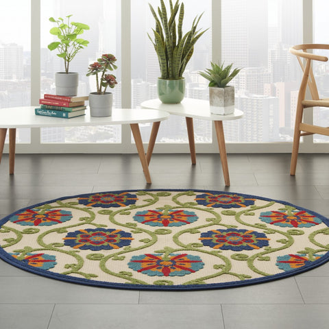 4’ Round Blue Vines Indoor Outdoor Area Rug