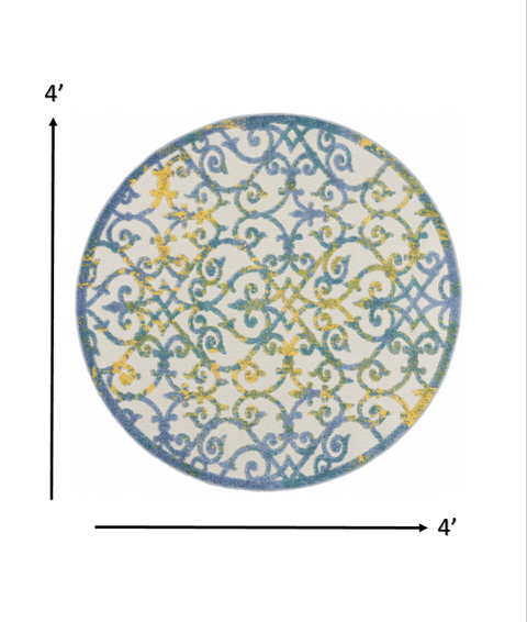 4’ Round Ivory and Blue Indoor Outdoor Area Rug