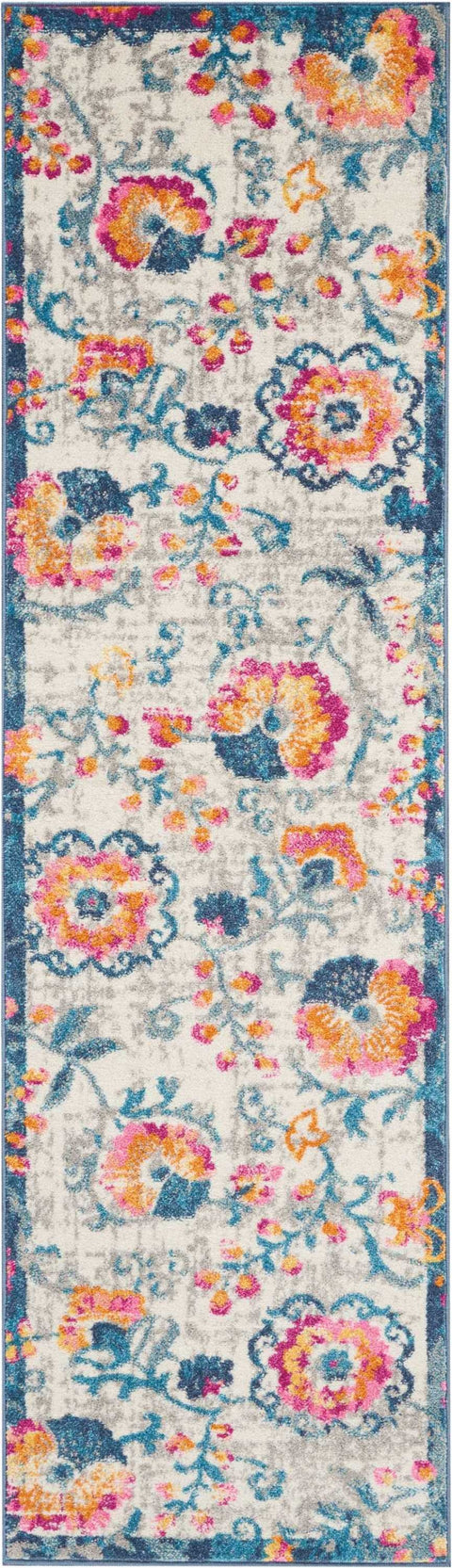 2’ x 8’ Ivory and Blue Floral Vines Runner Rug