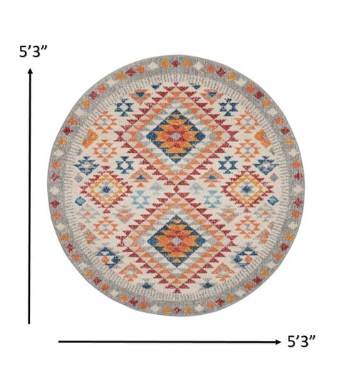 5’ Round Ivory and Red Diamonds Area Rug